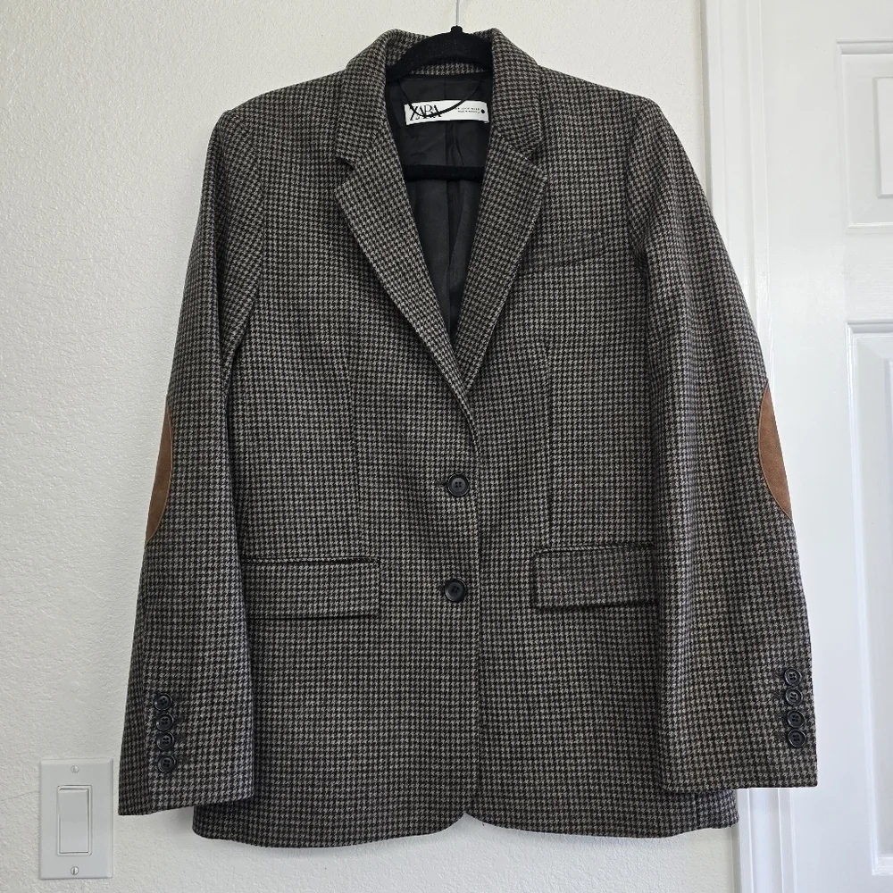 Zara Wool Blend Blazer Sz M Brown Houndstooth Plaid Tailored Career Old Money - Picture 3 of 16